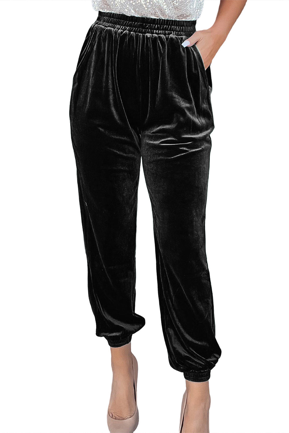 Women's Black Vintage Pocket Velvet Jogger Pants