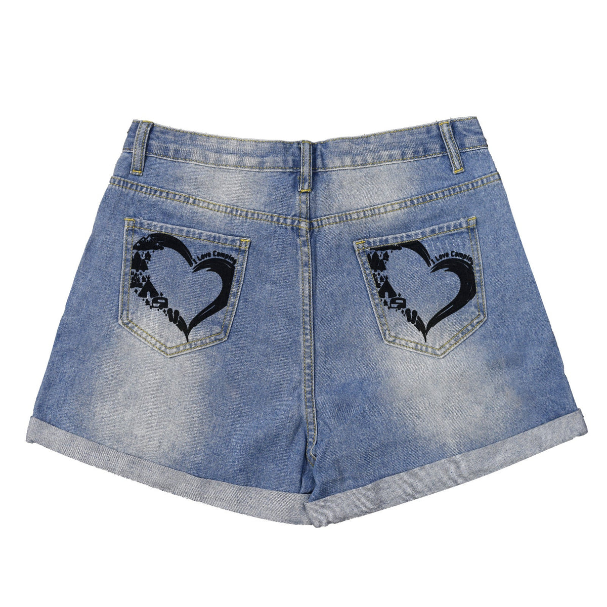 I Love Camping Light Blue Denim Shorts with Dual Pockets Design