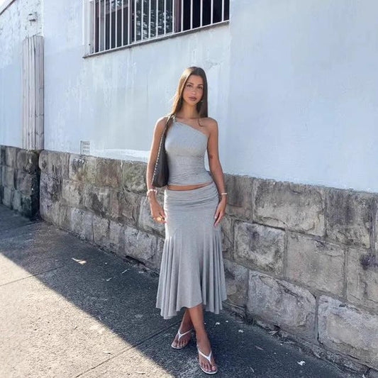 Conjunto de dos piezas de falda de cintura alta y chaleco sin mangas de color sólido estilo Ins para mujer