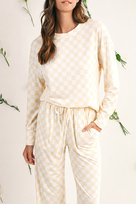 Conjunto de pijama holgado de manga larga con estampado a cuadros beige