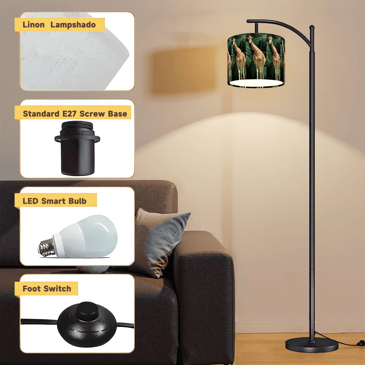 Tall Giraffe with Greenery Arc Floor Lamp with Shade (Made in USA)