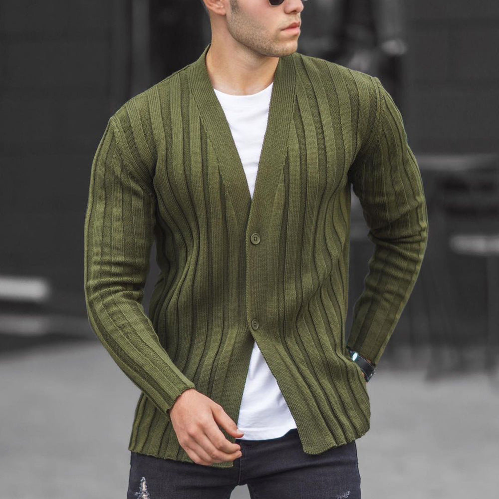 Cárdigan liso de color para hombre estilo europeo y americano, suéter casual de punto con patrón de rayas verticales y corte ajustado
