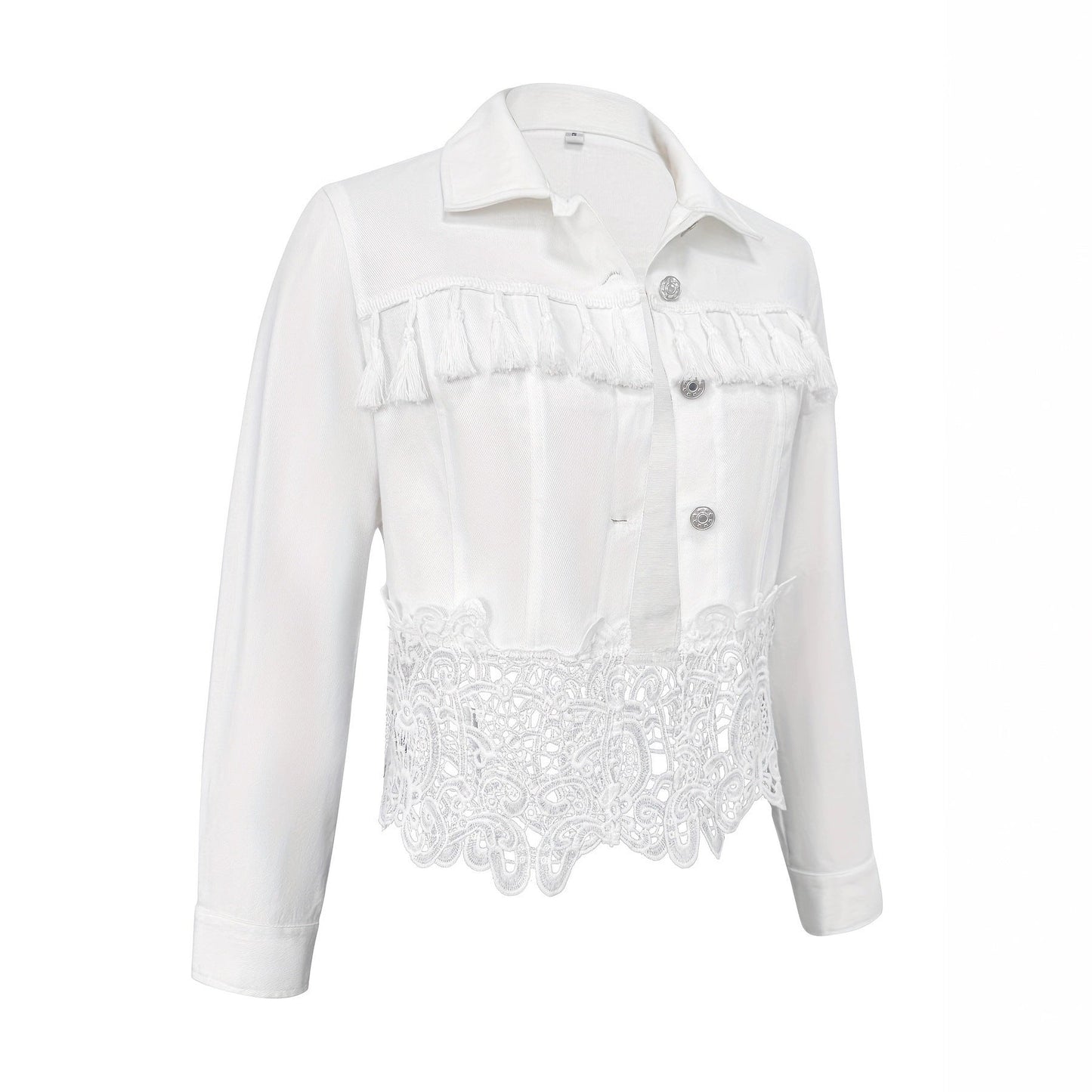 Womens Lapel Hem Hollow-Out Patchwork Tassel Coat