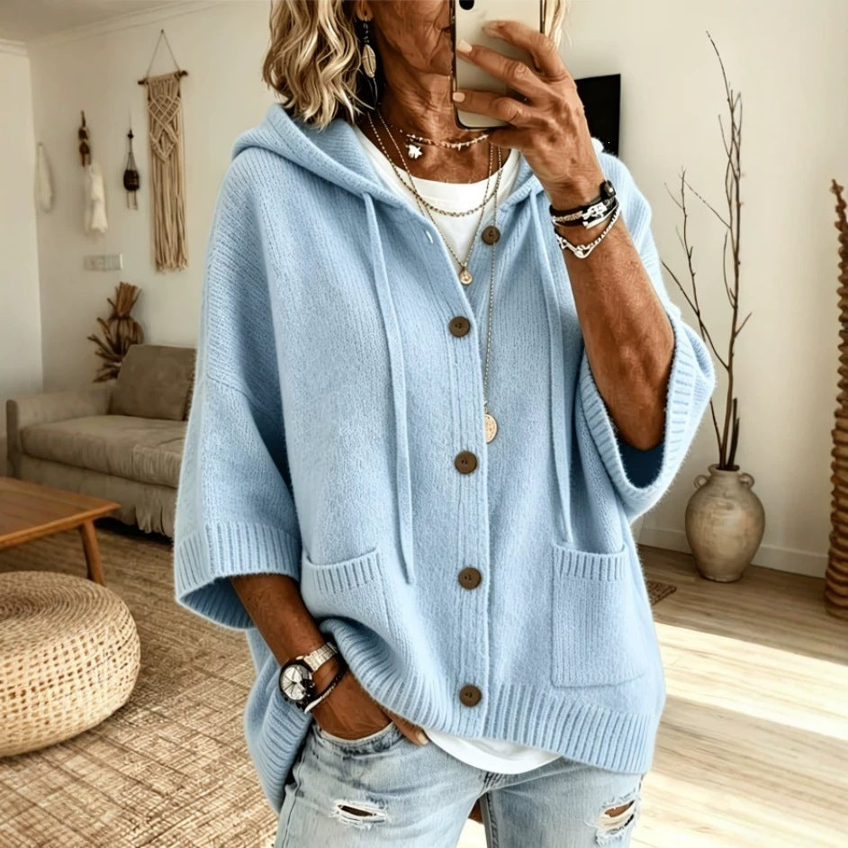 Fashion Autumn Winter Women's Button Knitted Hooded Drawstring Cardigan Sweater Coat For Women