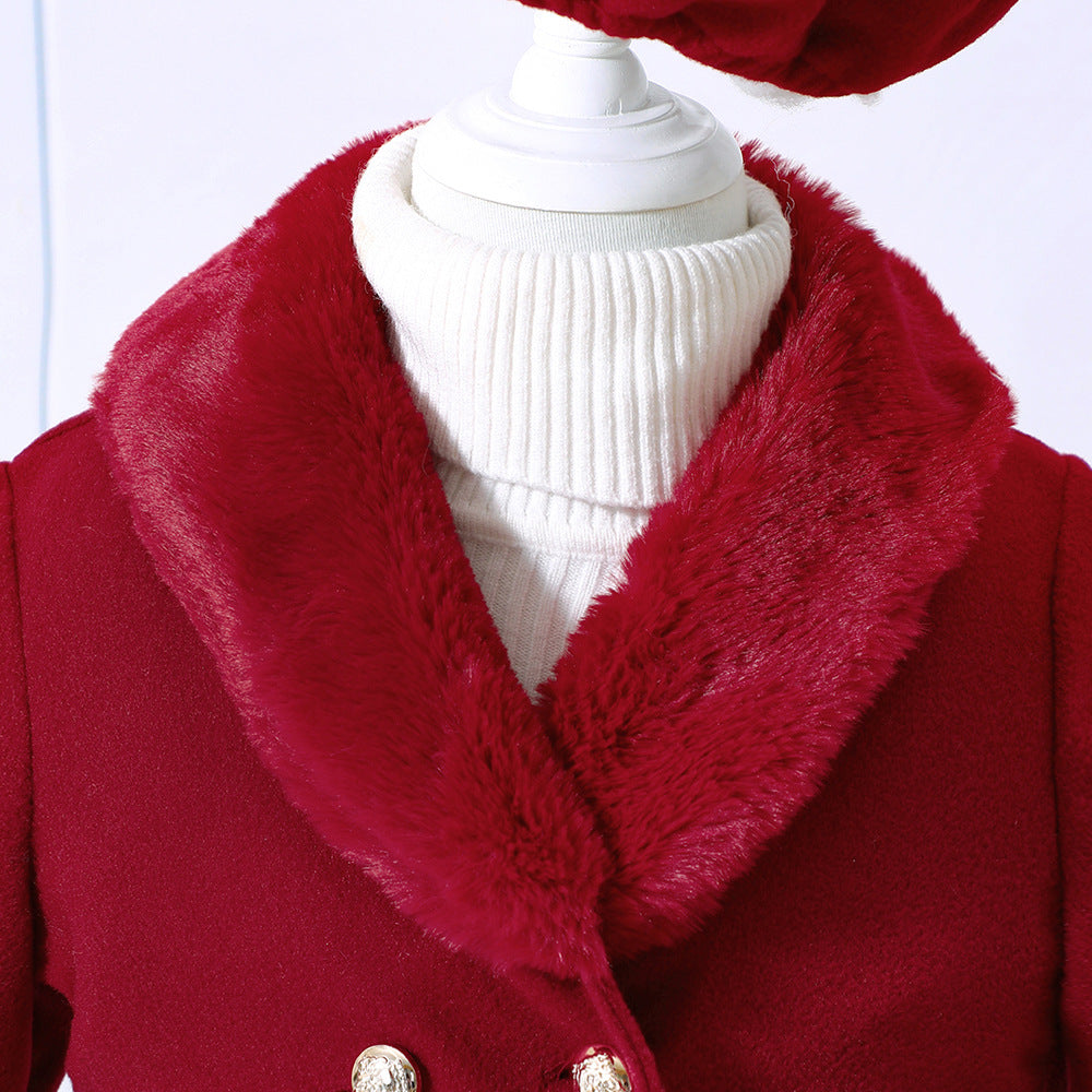 Children's Clothing Young And Little Girls Winter Solid Color Stitching Fur Collar Woolen Coat Outerwear