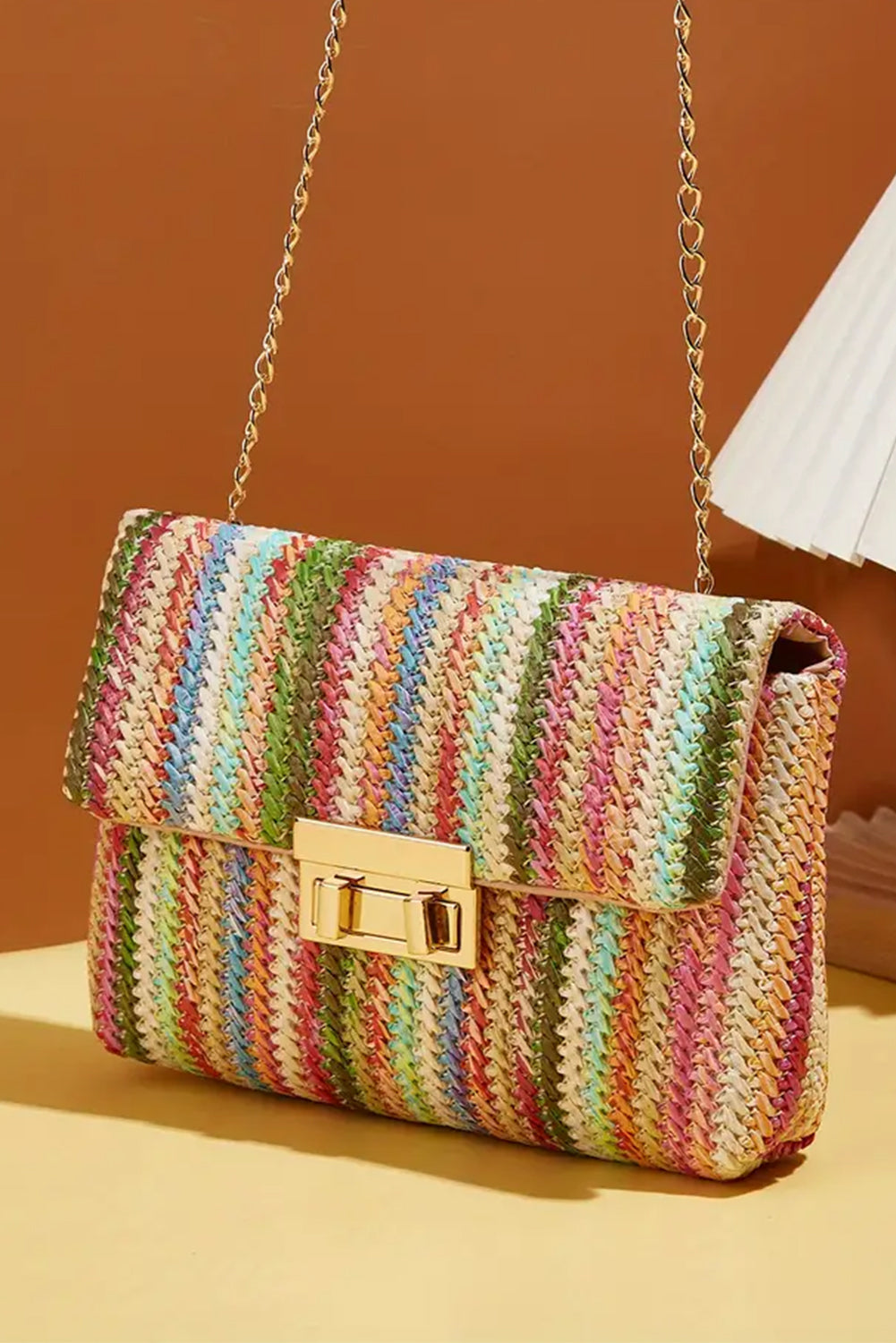 Bolso de Hombro Único con Solapa Rayado y Tejido Color Camel