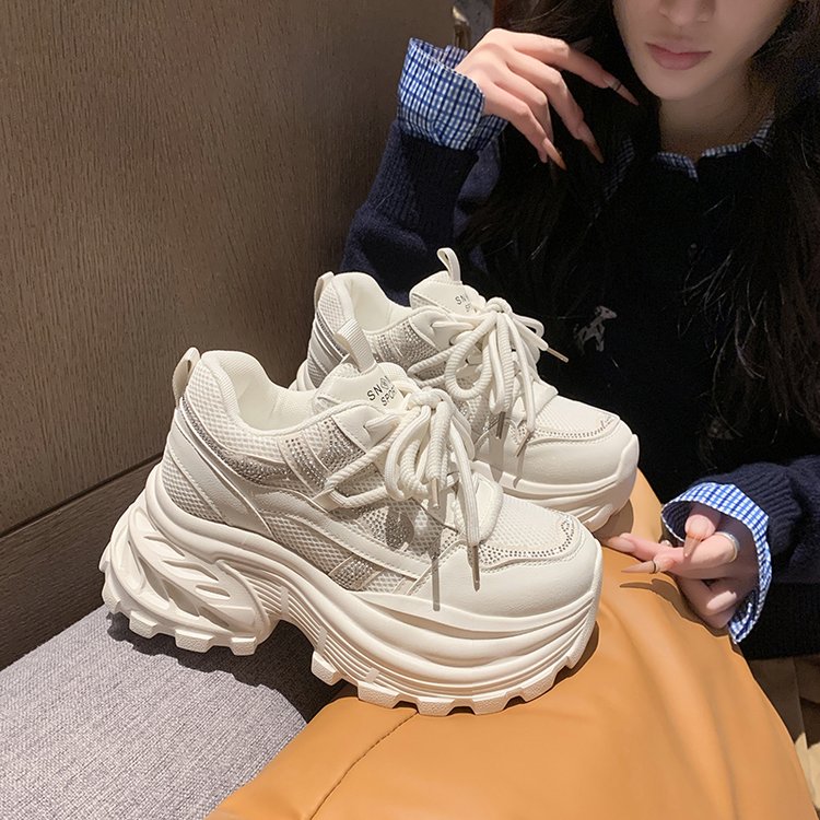 2026 New Arrival Platform Rhinestone Chunky Sneakers Women, Height Increasing 8.5cm Mesh Upper Breathable White Sneakers Versatile Casual Shoes