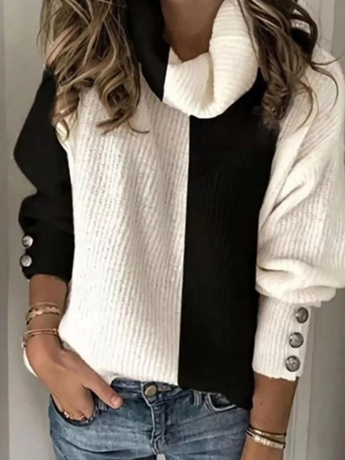 Full Size Two-Tone Turtleneck Long Sleeve Sweater Plus Size