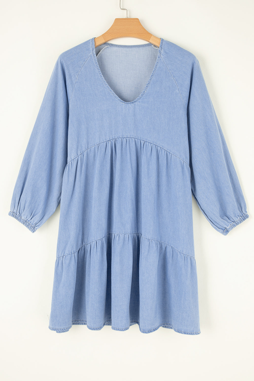 Minivestido Chambray Escote en Pico Manga Abullonada con Volantes por Niveles Azul Beau