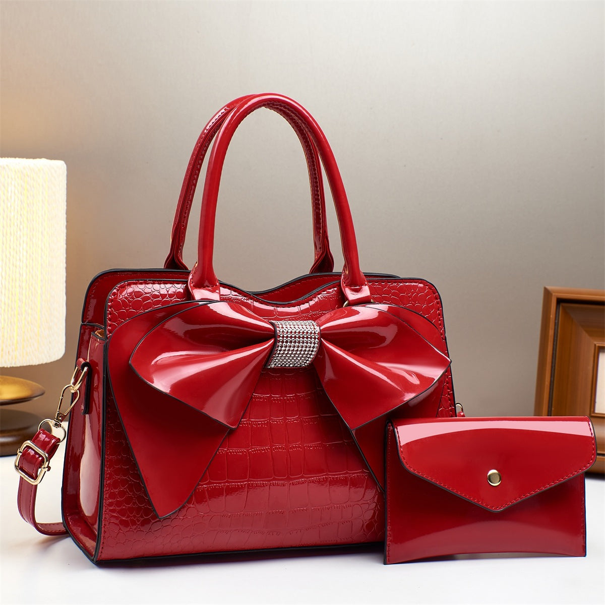 Fashionable Crocodile-Print Bow Bucket Bag Patent Leather Glossy Crossbody Bag