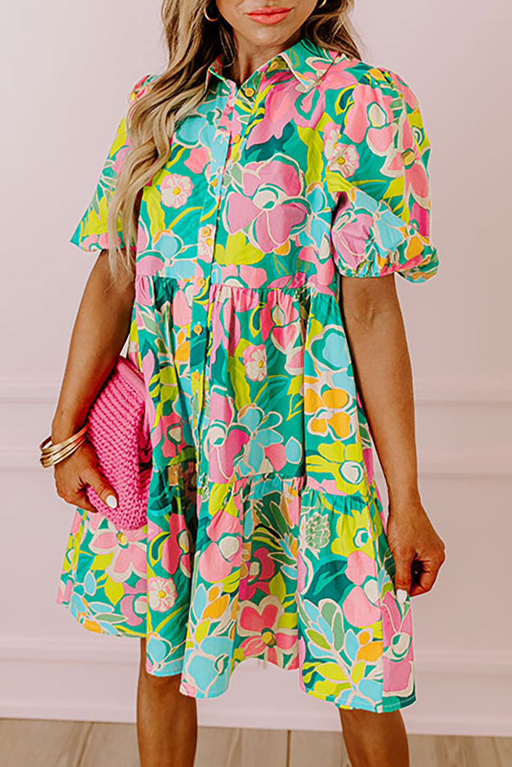 Vestido de Muñeca Abotonado con Cuello, Mangas Abullonadas y Estampado Floral Verde
