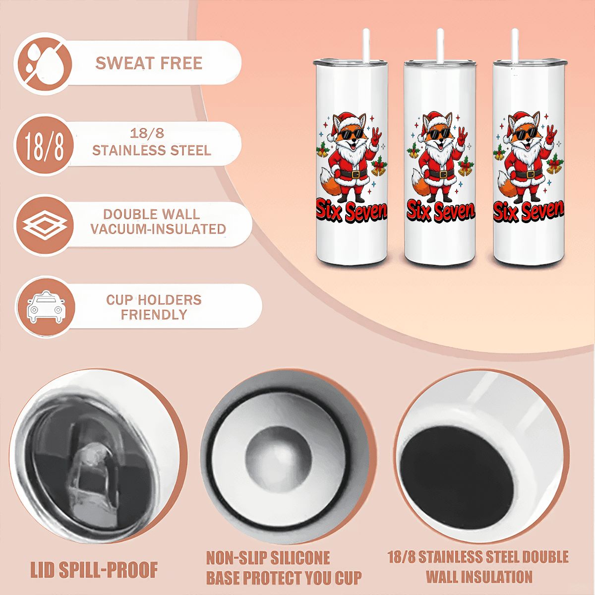 Sly Christmas Fox Six Seven 20oz Straight Stainless Steel Tumbler with Straw（Made in USA)