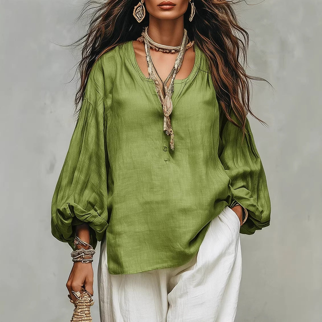 Retro Solid-color Loose-fit Casual Half-collar Long-sleeve