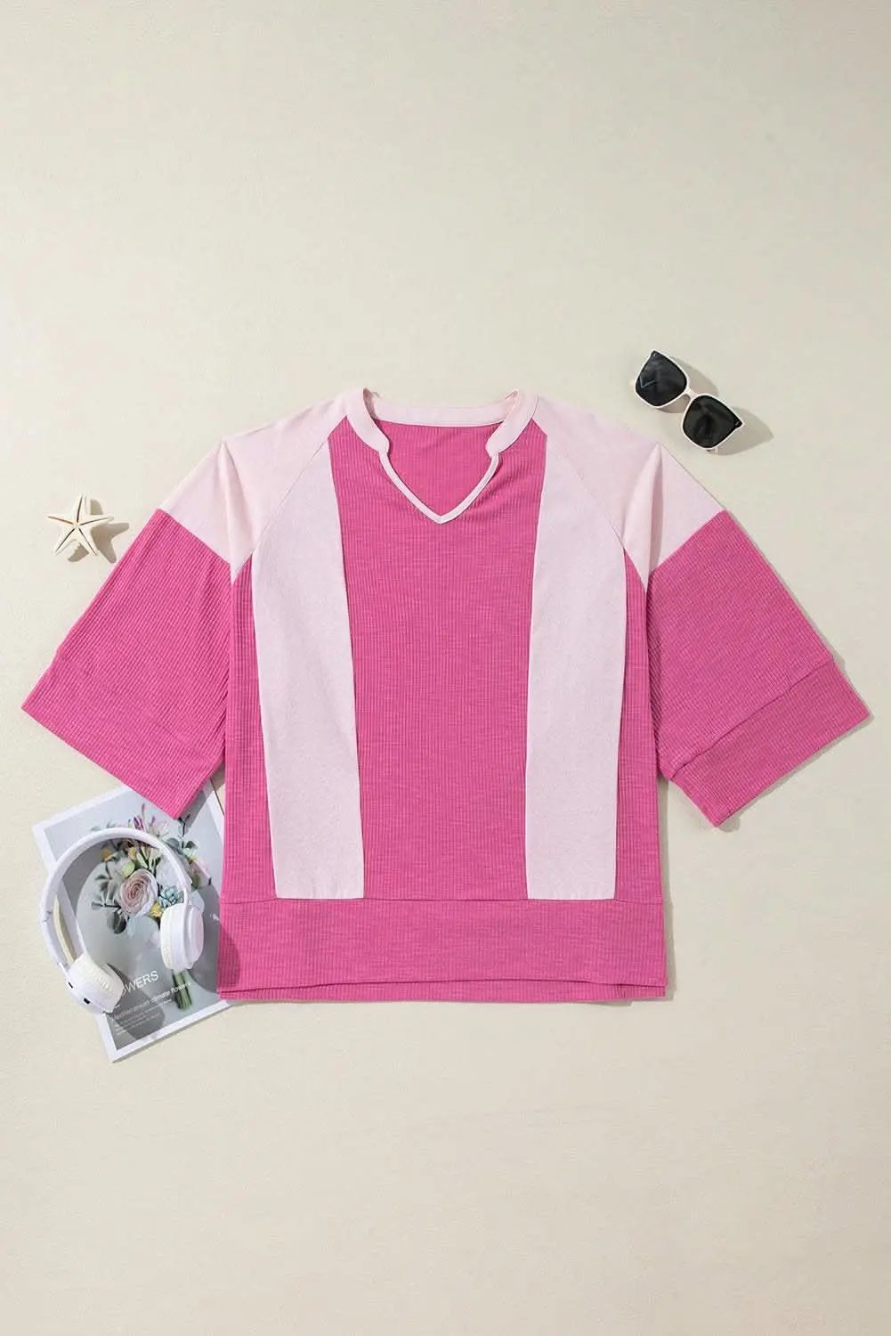 Love Salve Women's Oversize Top Colorblock 3/4 Sleeve — Pink
