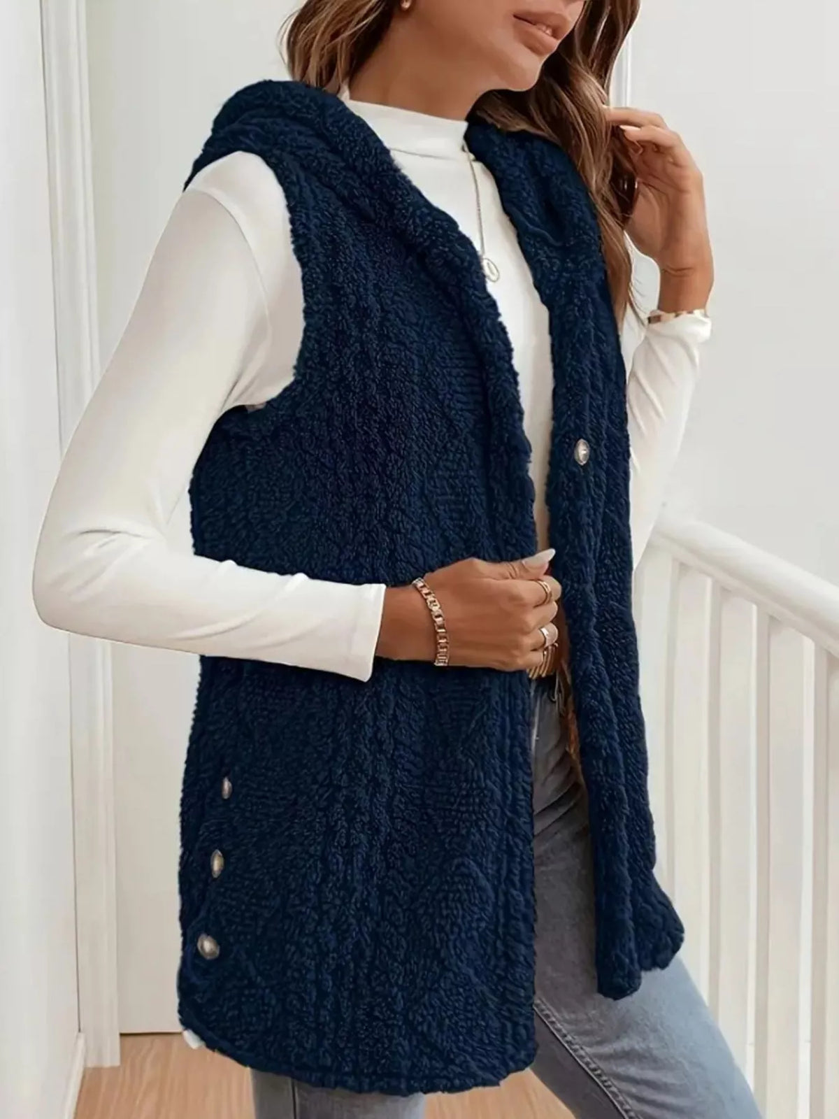 Button Up Plush Hooded Vest Coat
