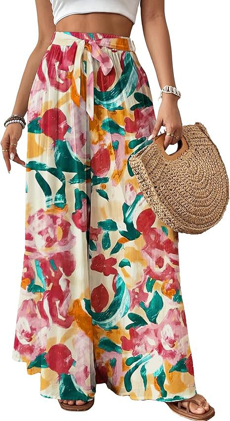 Women's Tropical Design Flowing Wide Leg Summer Pants
