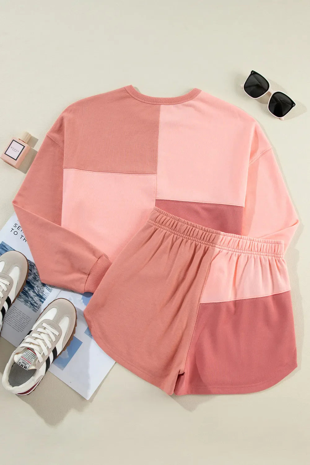ChicStyle Color Block Round Neck Top and Shorts Set – Stylish Two-Piece Outfit