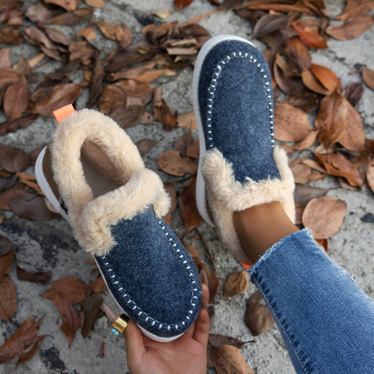 Fleece-Lined Flat Cotton Ankle Boots