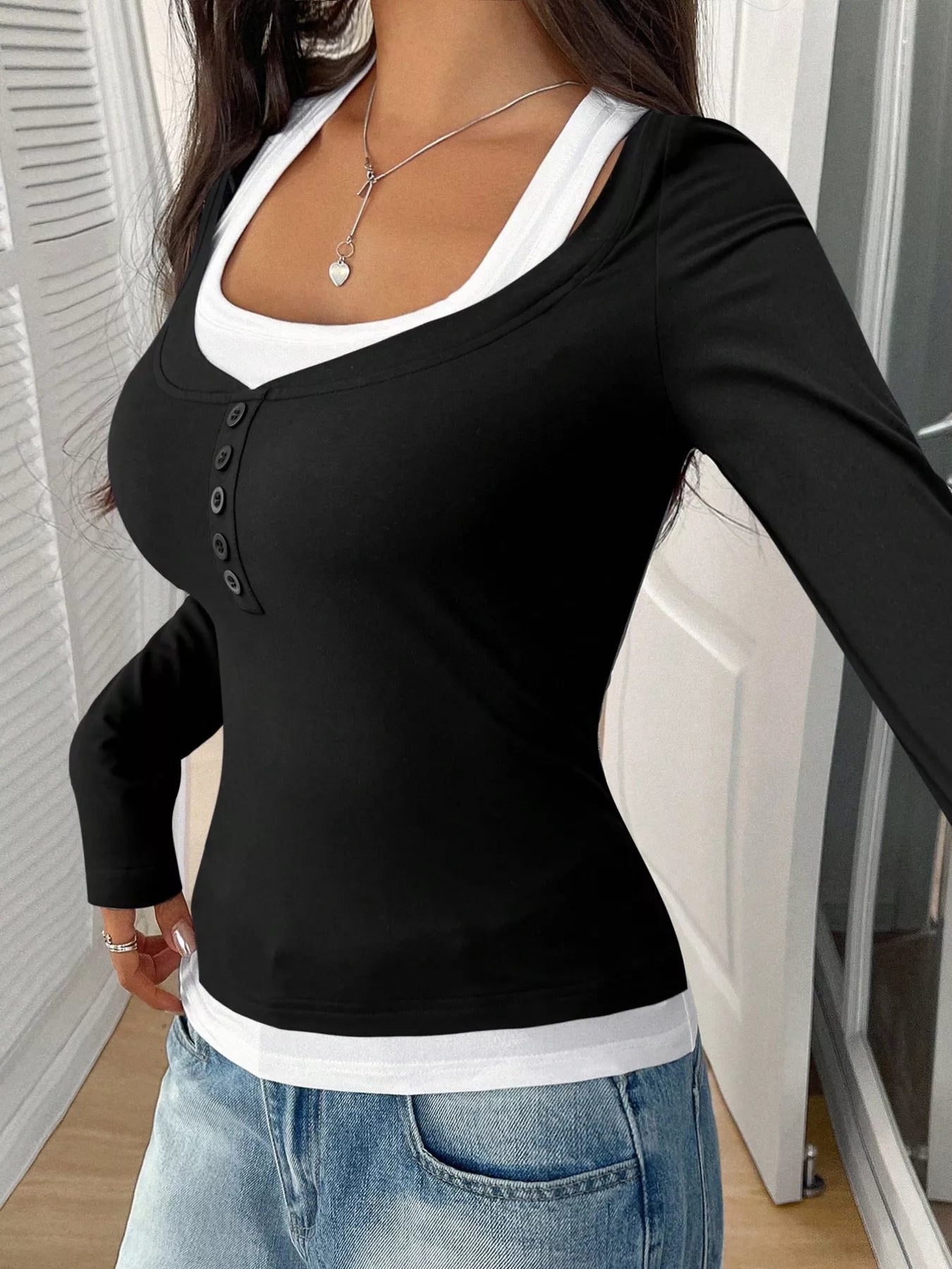 Scoop Neck Fake Two-Piece T-Shirt