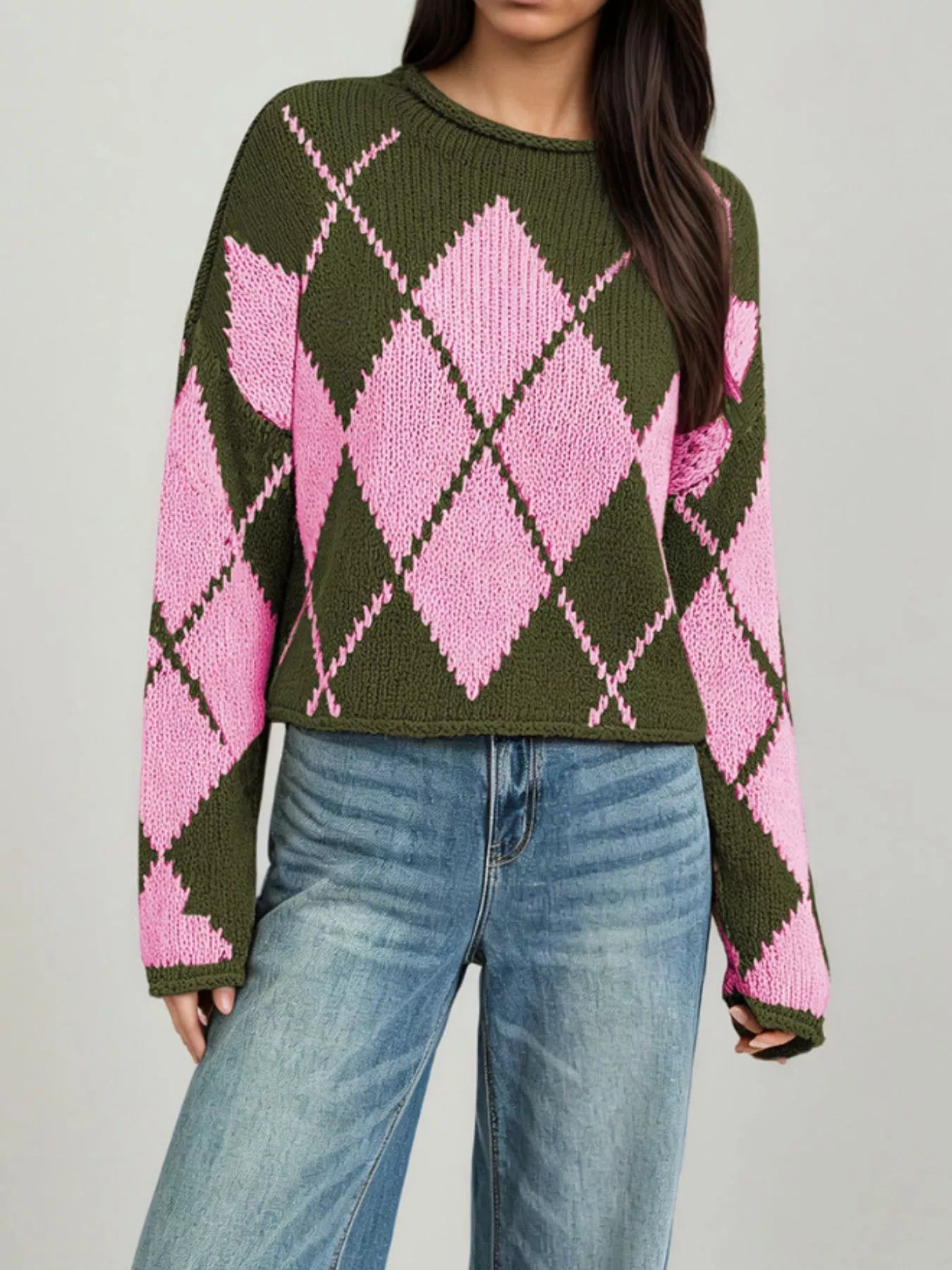 Argyle Pattern Knit Dropped Shoulder Sweater