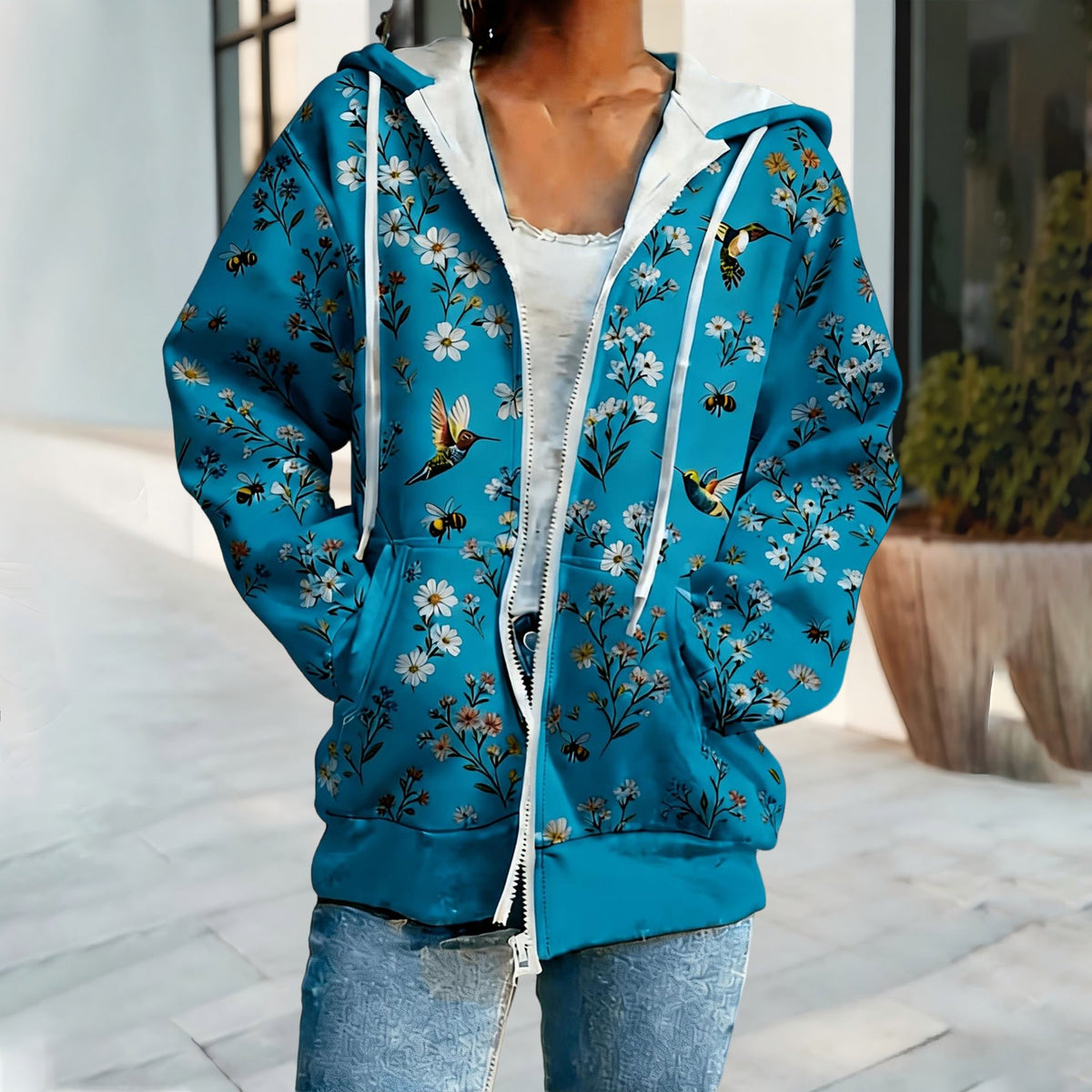 Cross Border European And American Style Women's Hooded Cardigan Casual Sweatshirt With Small Floral Digital Print And Zipper, Foreign Trade Supply For Autumn And Winter