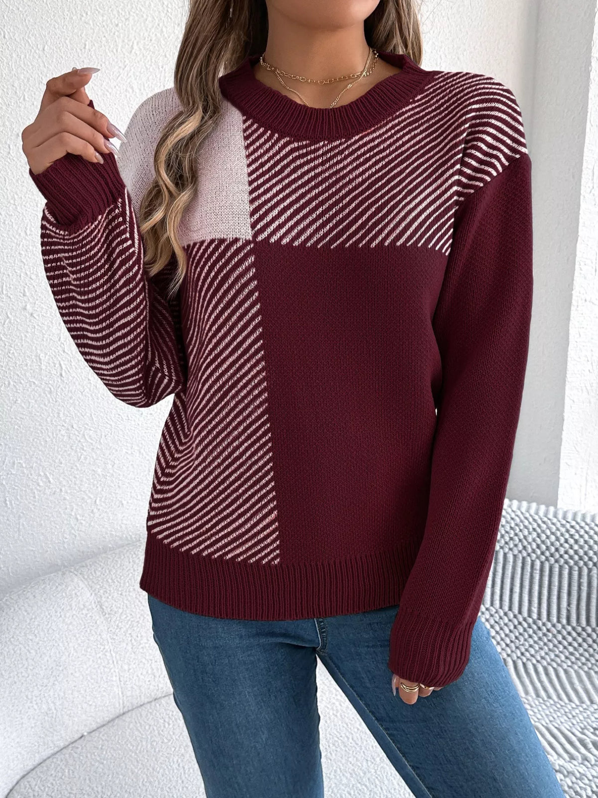 Color Block Striped Round Neck Sweater