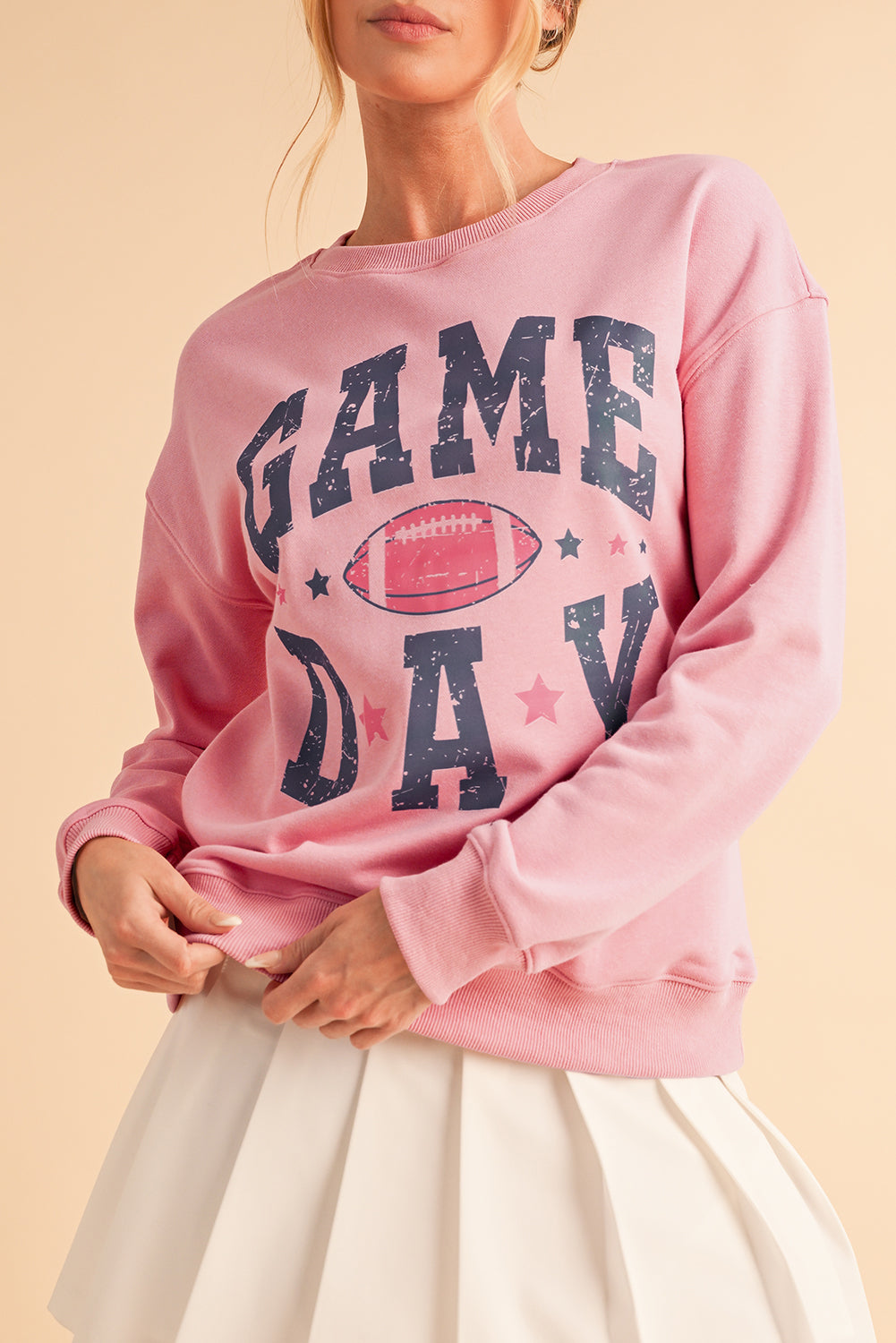 Sudadera Rosa con Hombros Caídos y Gráfico de Día de Partido de Rugby