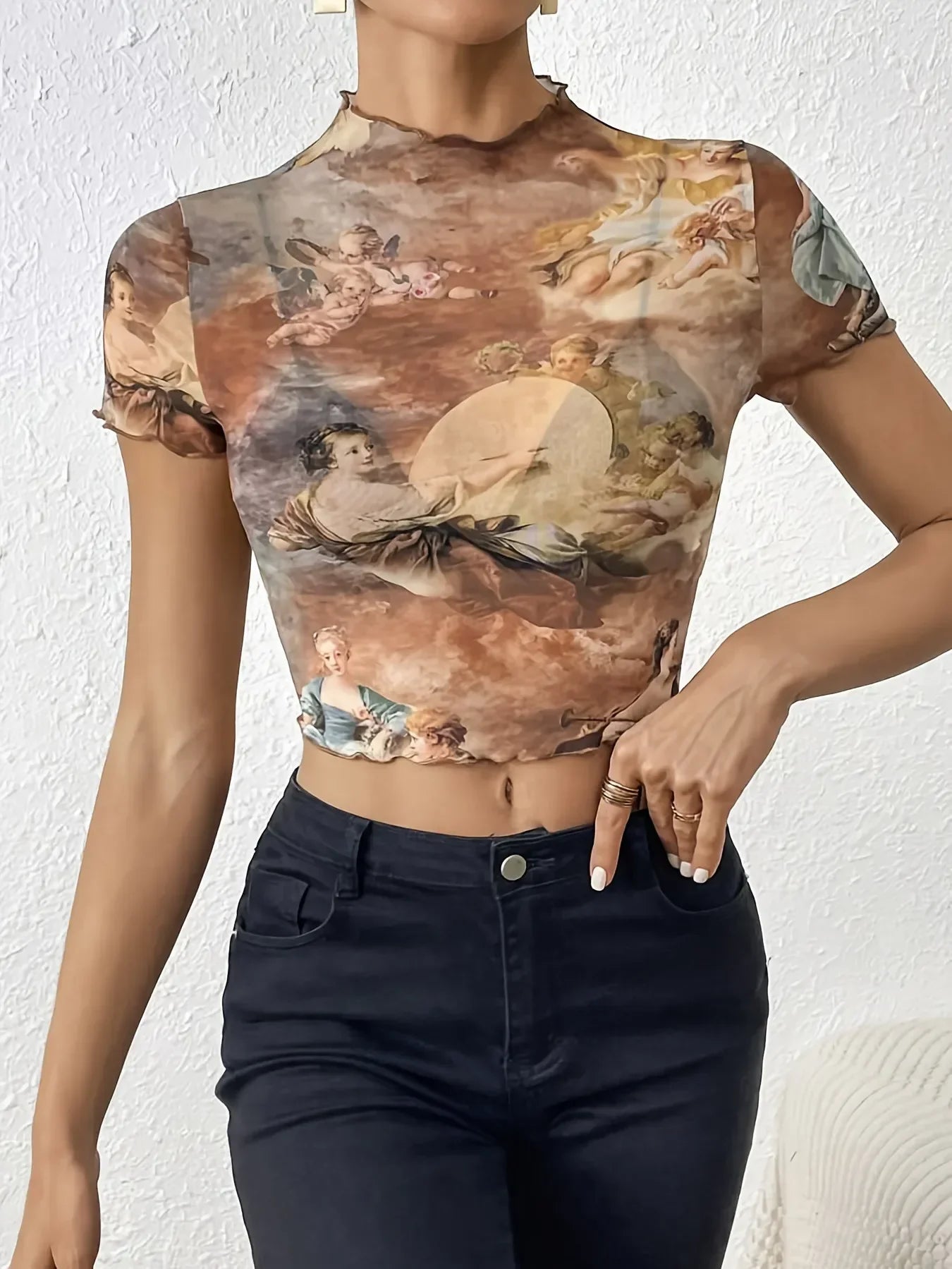 Abstract Print Ruffled Mock Neck Crop T-Shirt | Trendy Streetwear – Bona Fide Fashion
