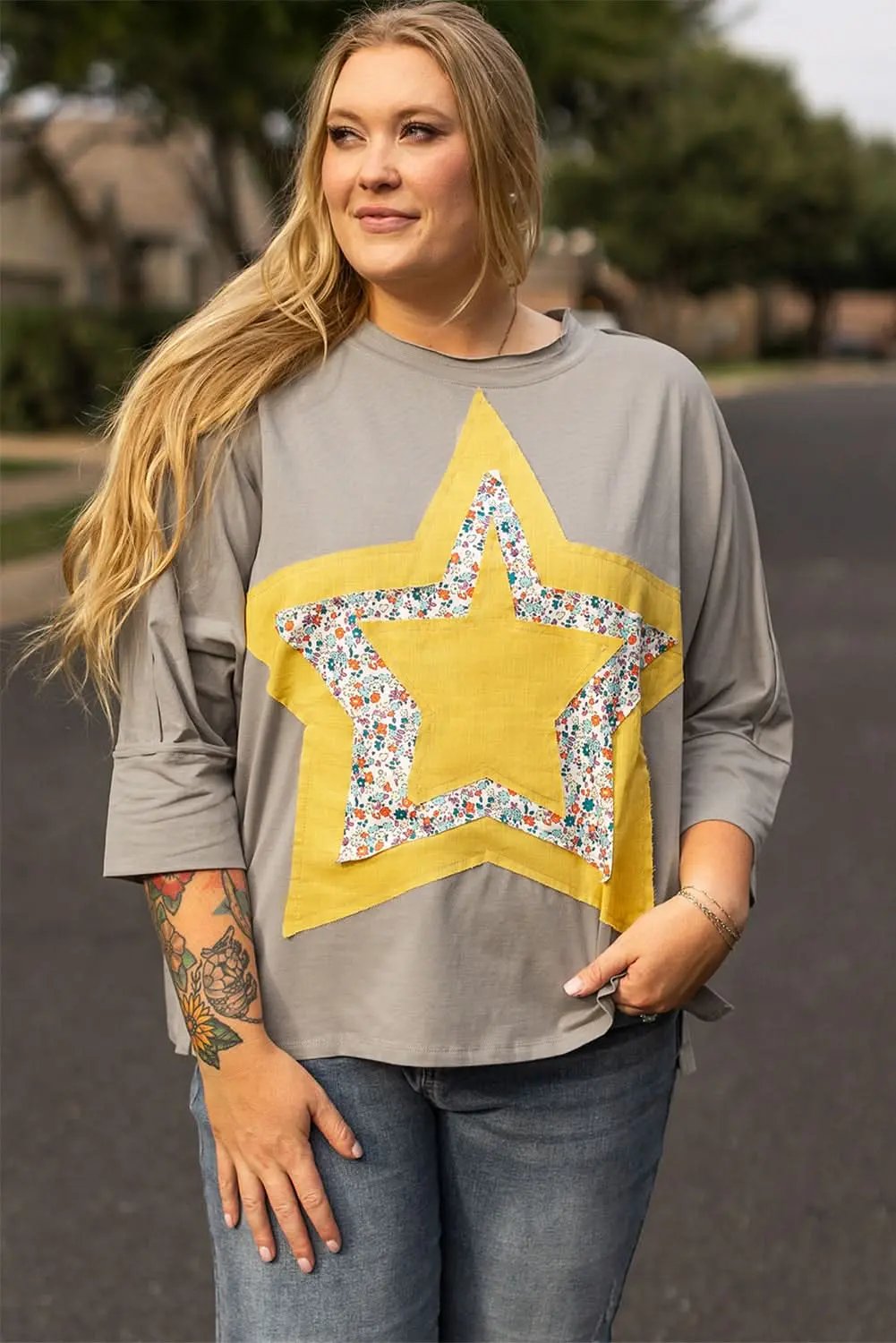 Accessories Love Salve Grey Floral Star Plus Size Women's Top: Western Style, Fall Fashion