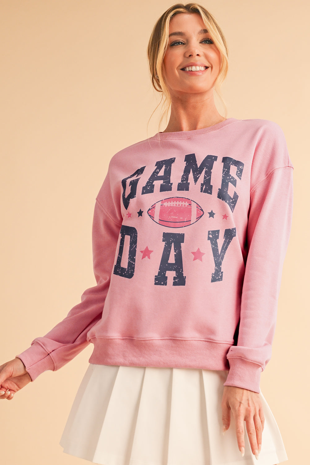 Sudadera Rosa con Hombros Caídos y Gráfico de Día de Partido de Rugby