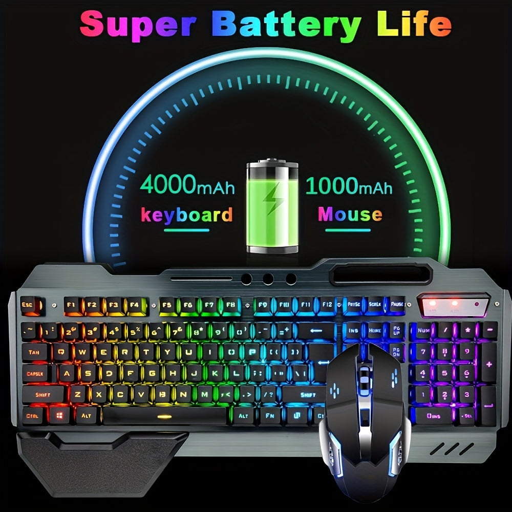 QZUKOY Gaming Keyboard And Mouse Set Wireless Rainbow Backlit Rechargeable Metal Panel Mechanical Feel Keyboard And Gaming Mouse For Gamer Laptop PC