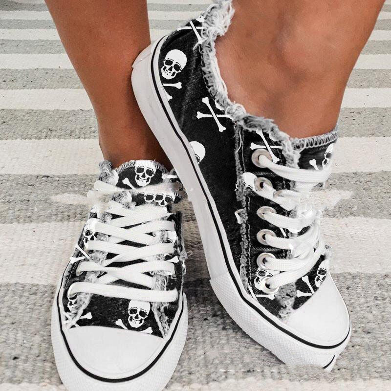 Unisex Skull Bone 3D Printed Denim Canvas Shoes