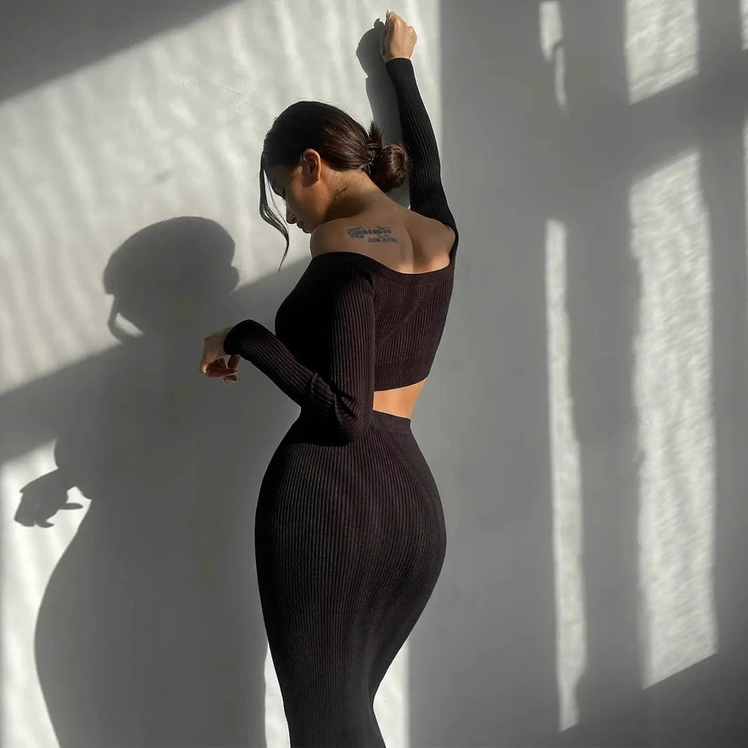 Autumn Winter Sexy Long Sleeve Sweater Dress Two-piece Set Skinny Knit