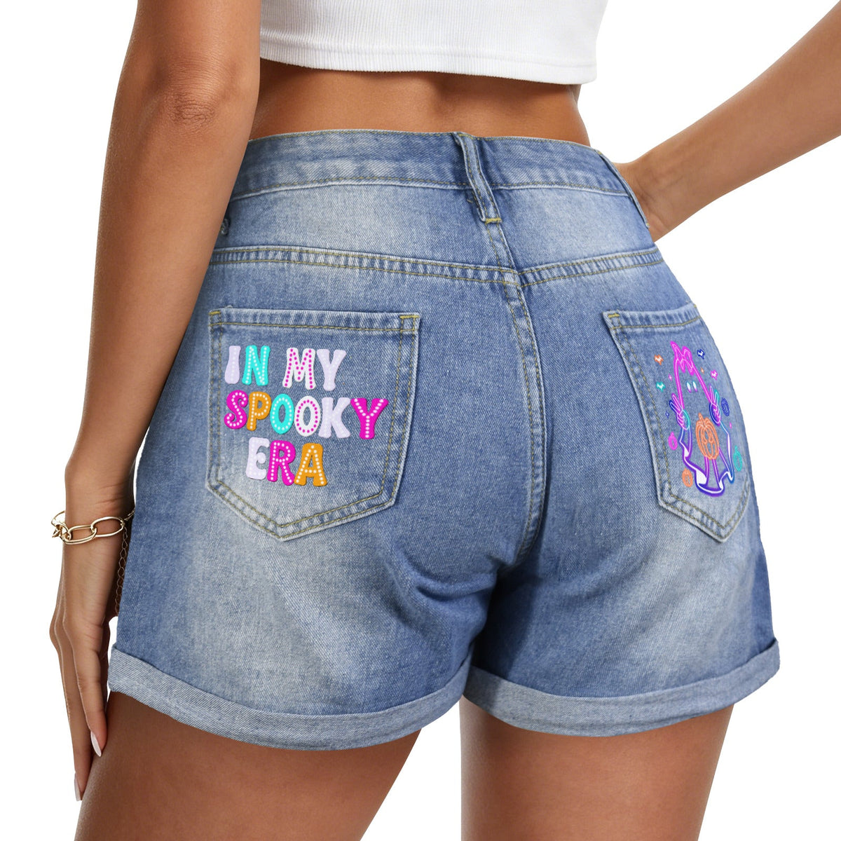 Retro Halloween Neon Ghost Light Blue Denim Shorts with Dual Pockets Design
