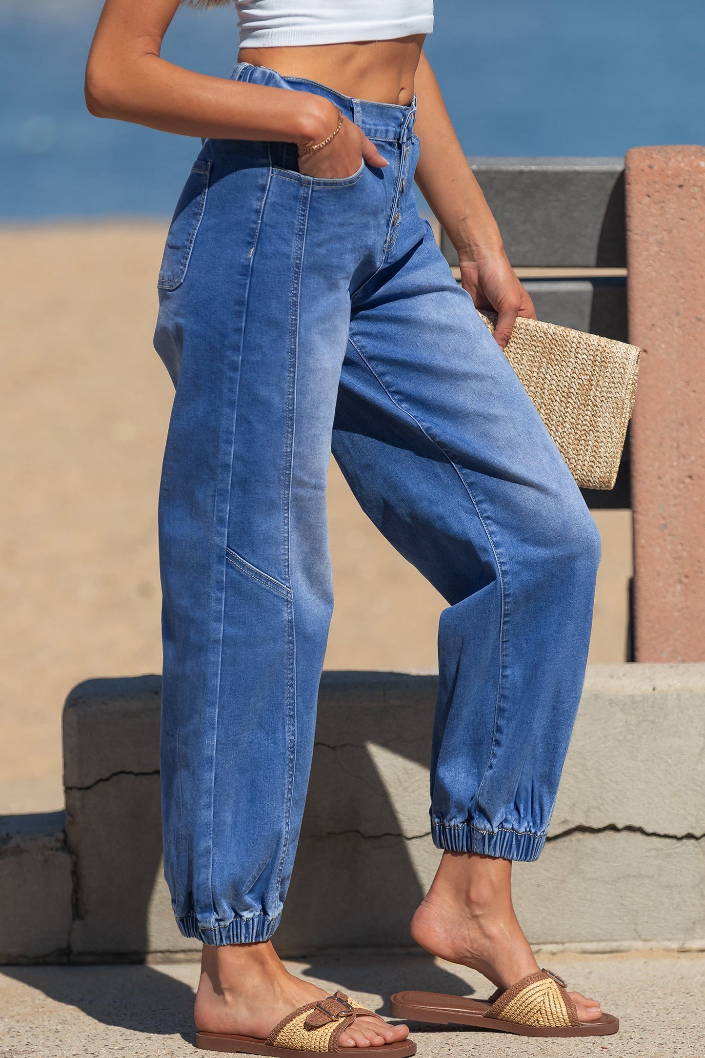 Jeans casuales de corte holgado cónico, azules, de 4 botones frontales