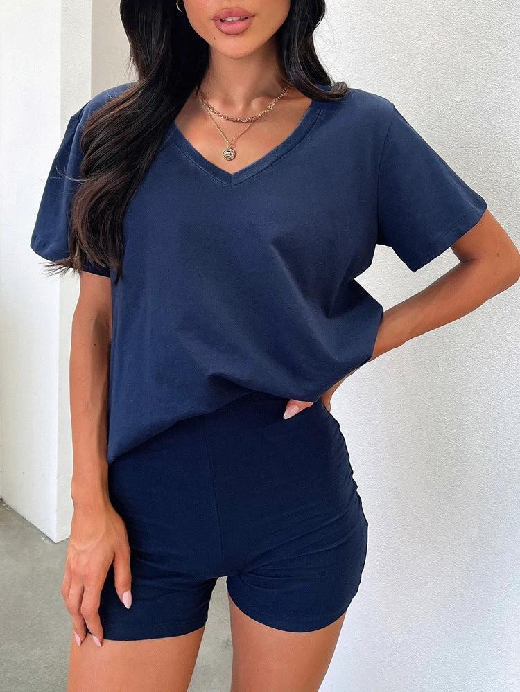 V-neck Fashion Solid Color Casual Fashion Shorts Suit Women