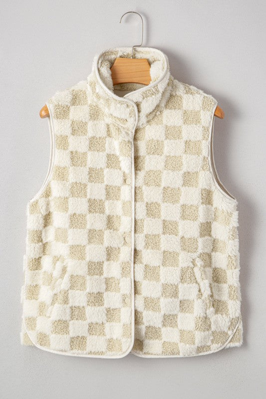 Checker Sherpa Snap Button Vest Jacket With Pocket See size chart under “more details”