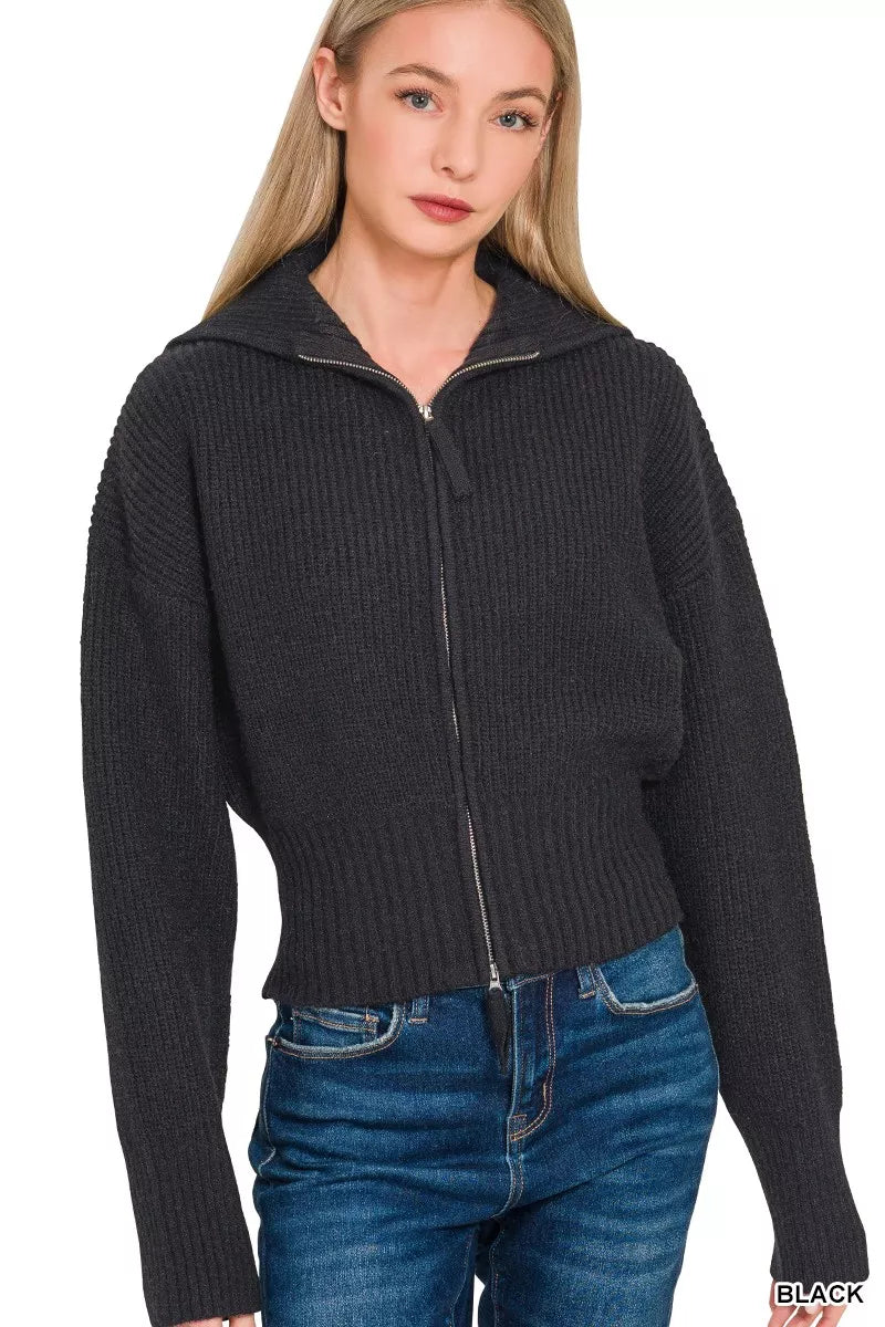 Zenana Ribbed Collared Zip Up Sweater Cardigan in Black