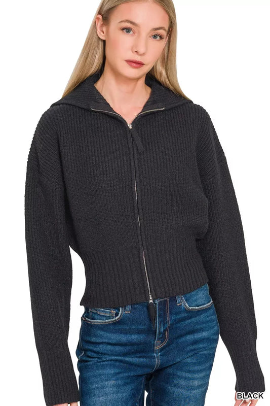 Zenana Ribbed Collared Zip Up Sweater Cardigan in Black