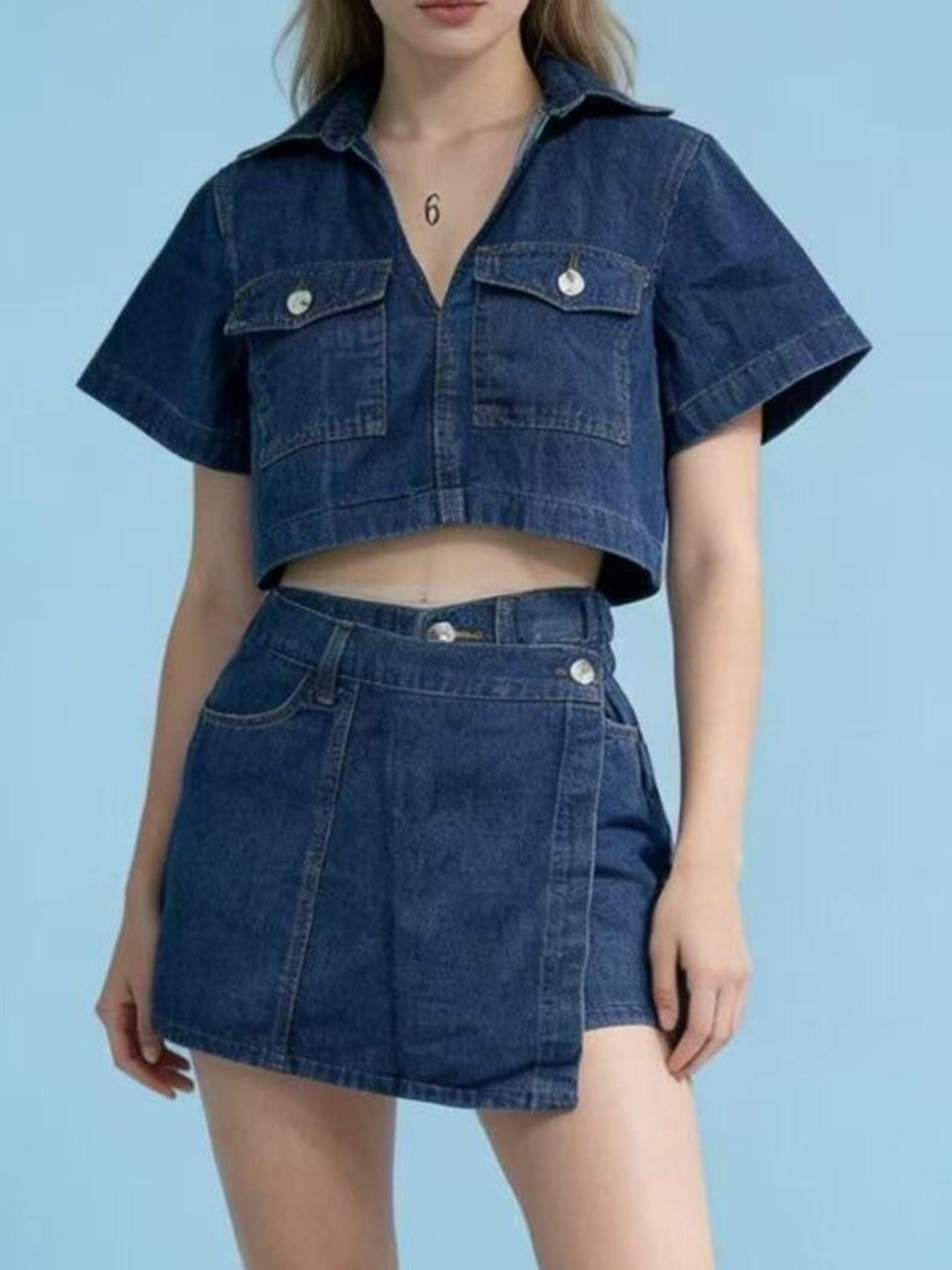 Short Sleeve Cropped Top and Skort Denim Set