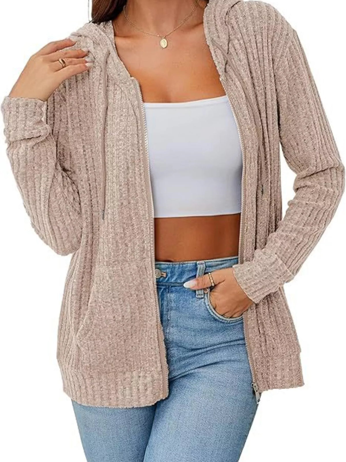 Ribbed Zip Up Hooded Outerwear