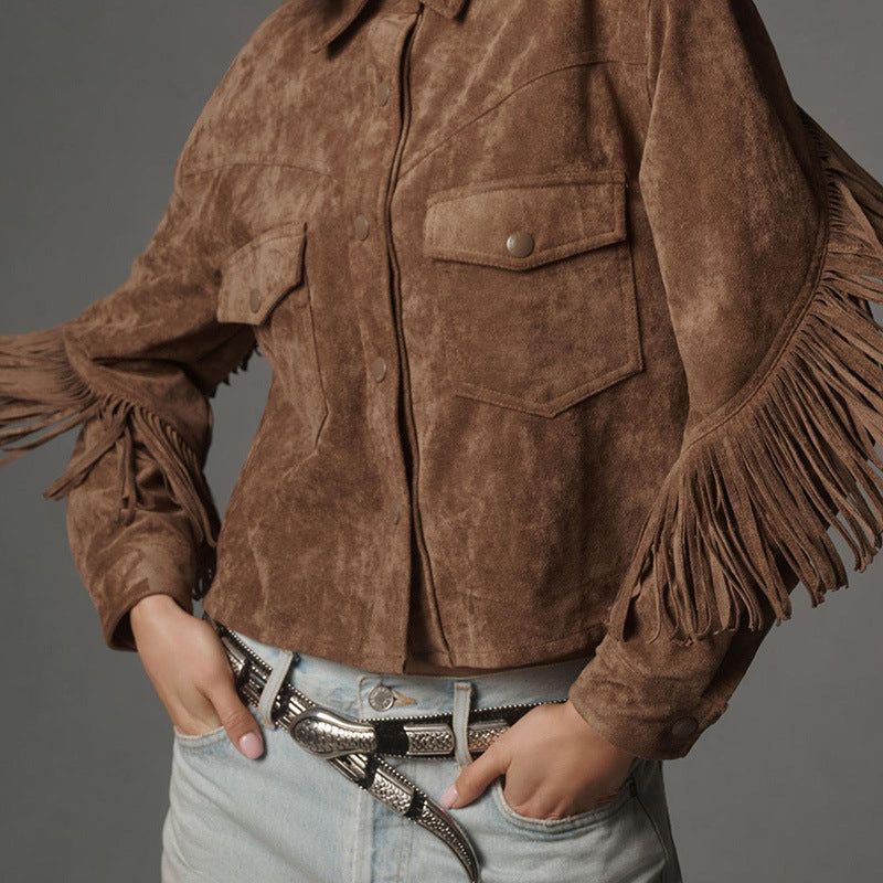 Brown Jacket With A Lapel Tassel Detailing, And Long Sleeves