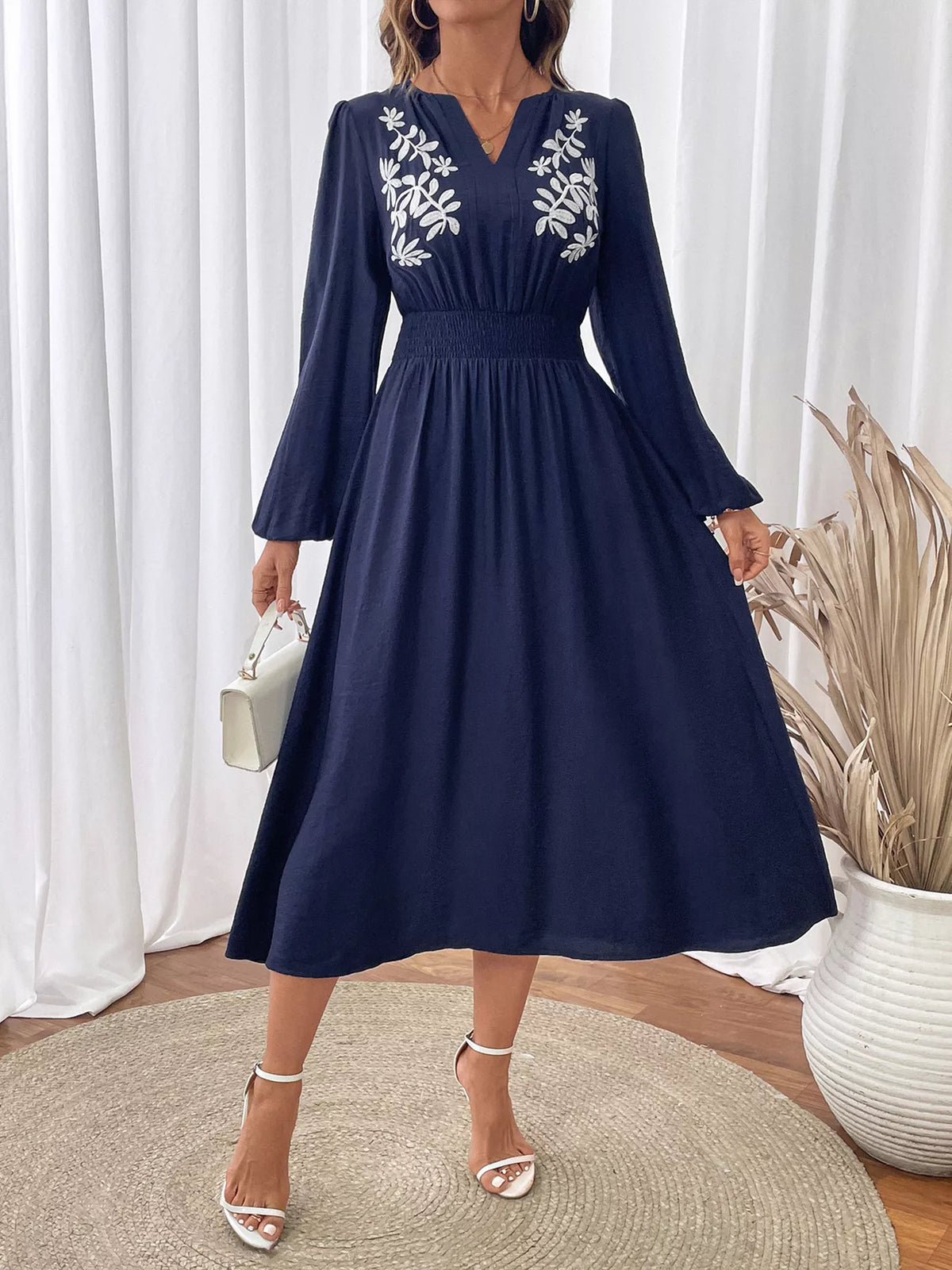 Embroidered Notched Long Sleeve Midi Dress