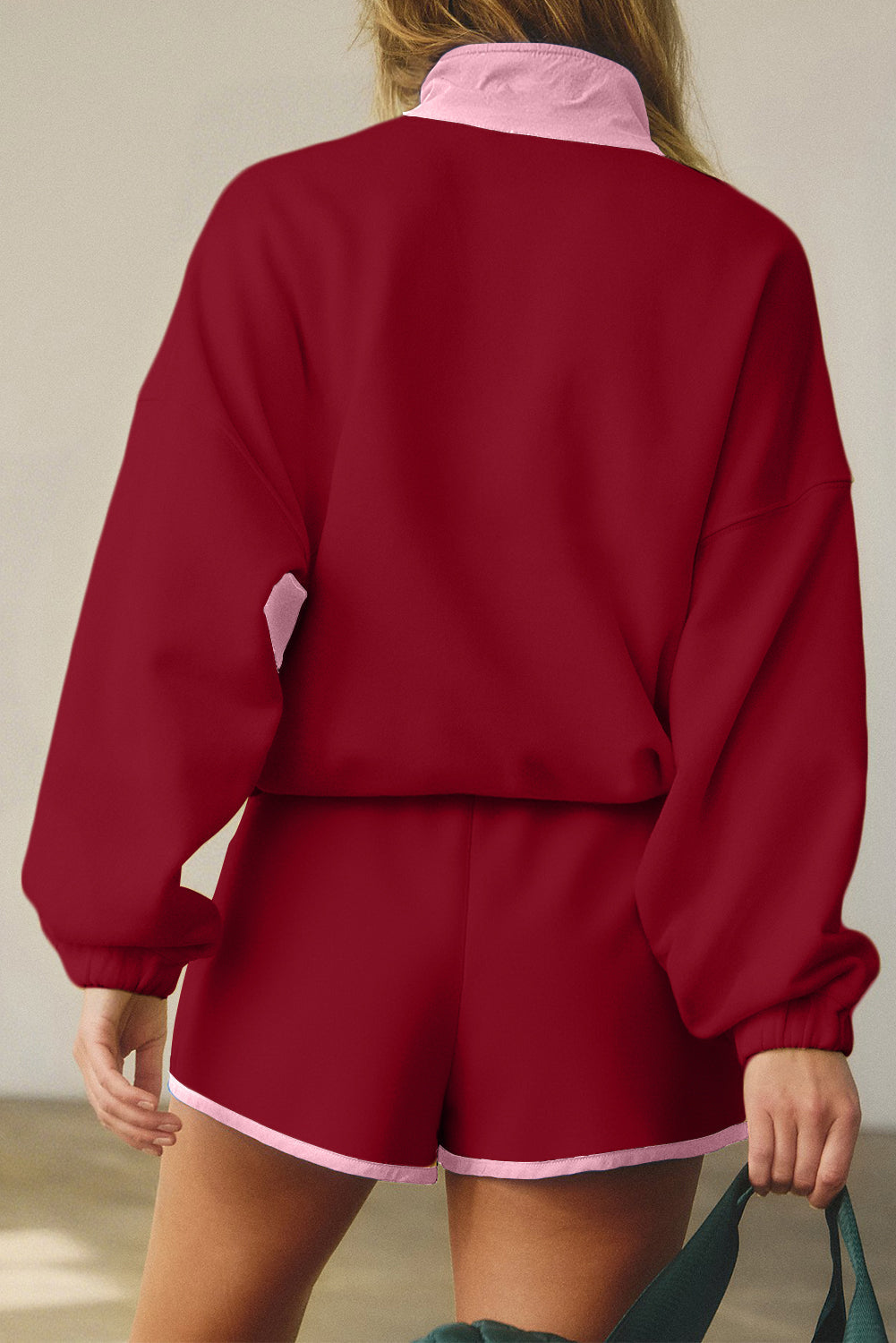 Conjunto de Sudadera de Medio Botón y Pantalones Cortos con Bloques de Color y Retazos Red Dahlia