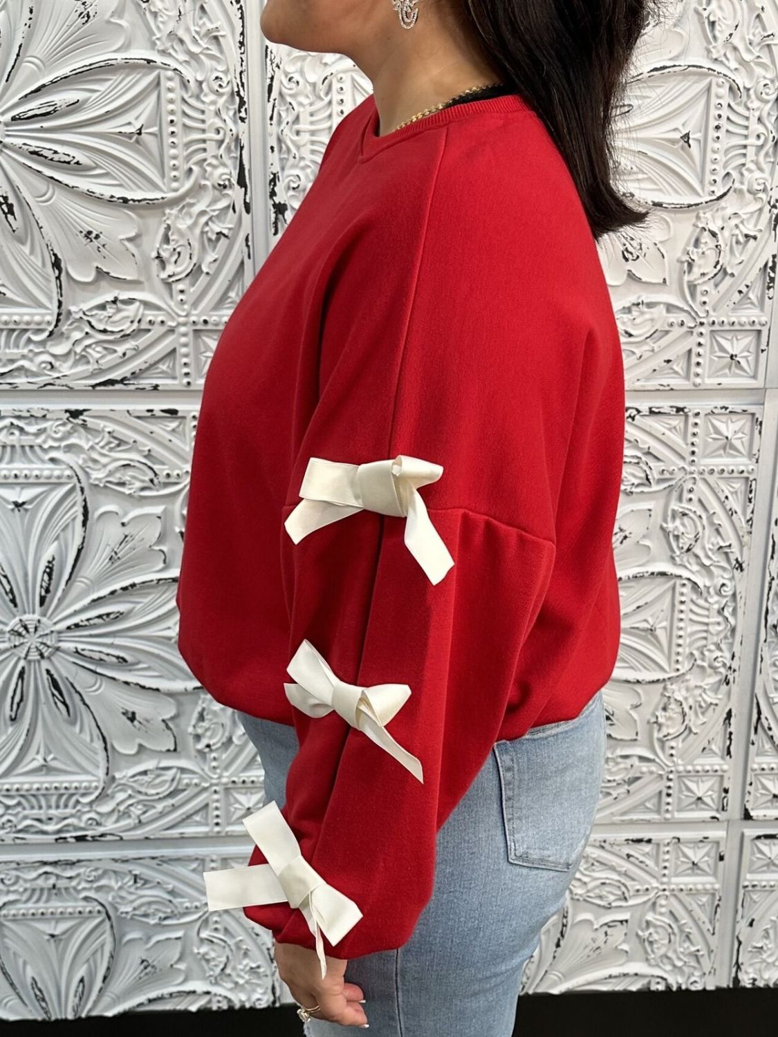 Sudadera de manga larga con cuello redondo y lazo en contraste