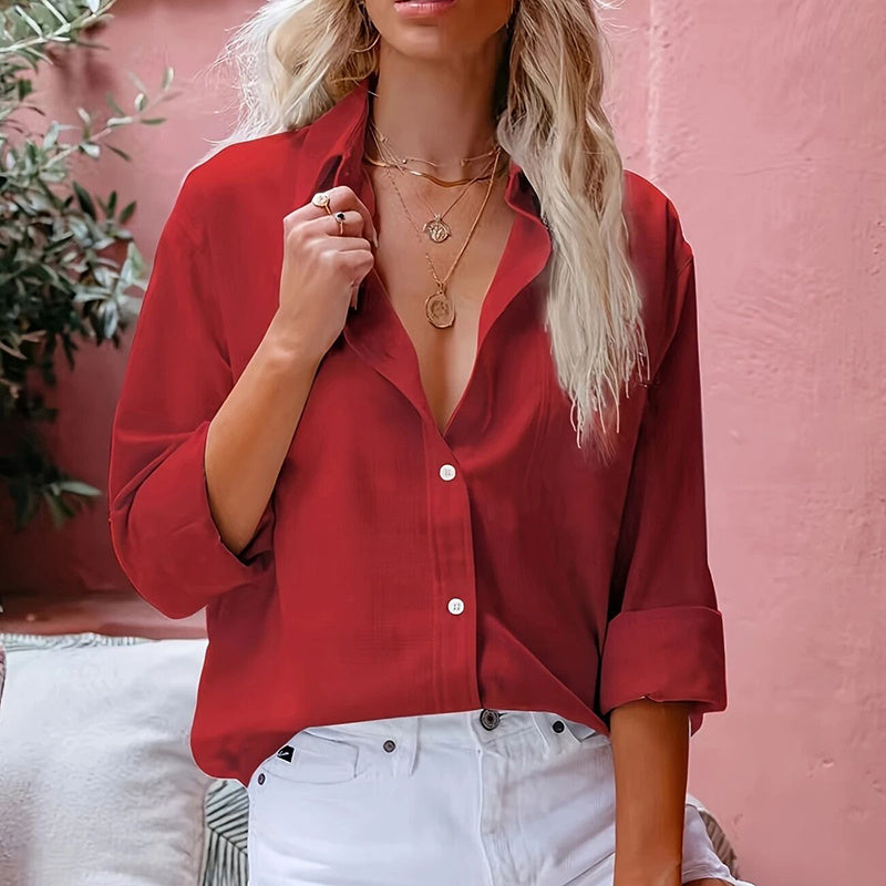 Camisa sencilla con botones delanteros, elegante top de manga larga