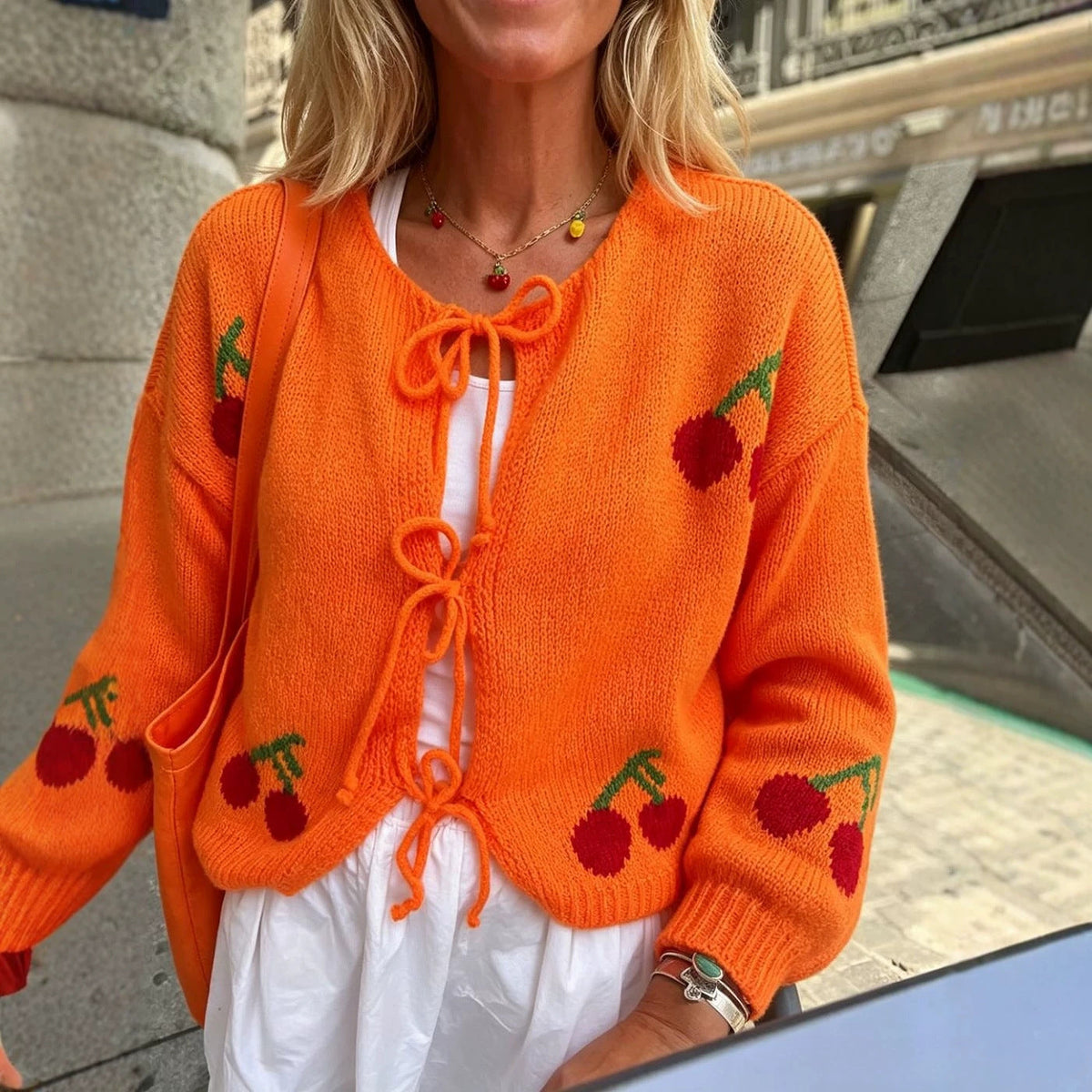 Women's Cherry-embroidered Jacquard Cardigan Sweater Coat