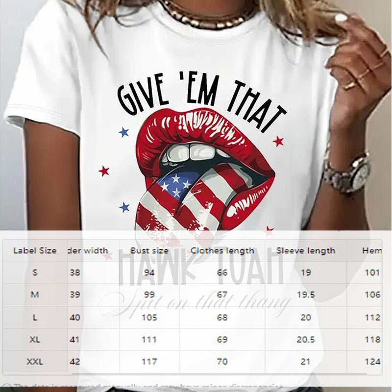Top de verano con estampado de labios y estrellas de la bandera estadounidense con cuello redondo para mujer