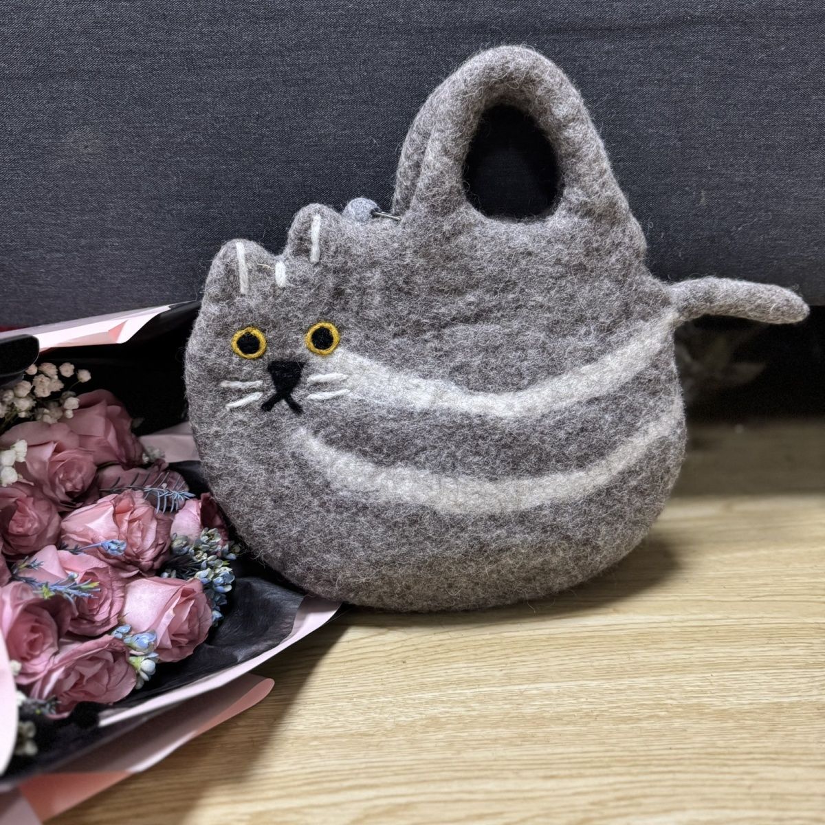 Handmade Wool Felt Cat Tote Handbag