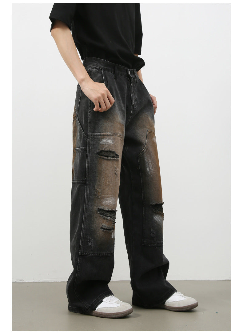 Street Retro Jeans Men's Loose Hole Straight-leg Trousers